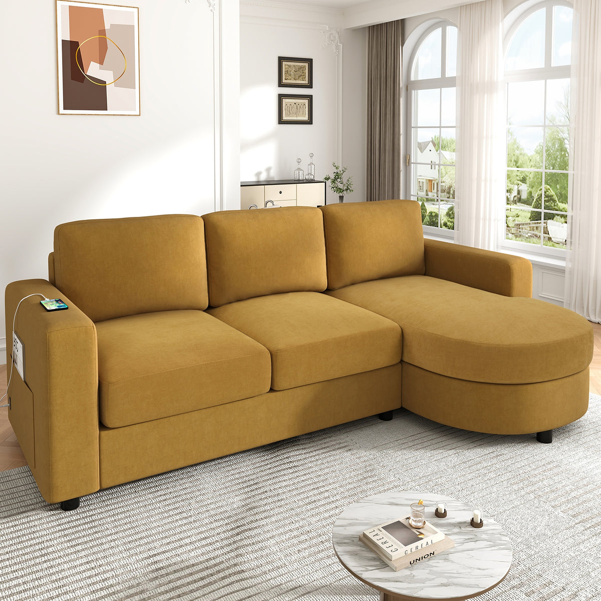 Modern Sectional Sofa 84.6" L-shaped Sofa Couch with a Curved Chaise Lounge, USB Ports and Side Storage Pockets for Living Room, Yellow