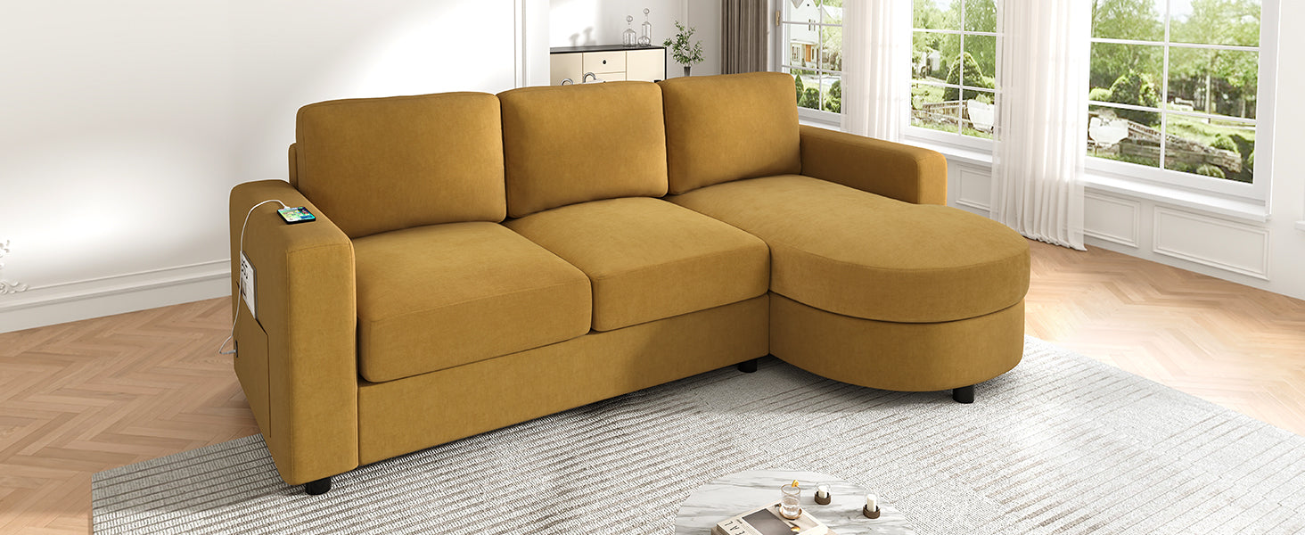 Modern Sectional Sofa 84.6" L-shaped Sofa Couch with a Curved Chaise Lounge, USB Ports and Side Storage Pockets for Living Room, Yellow