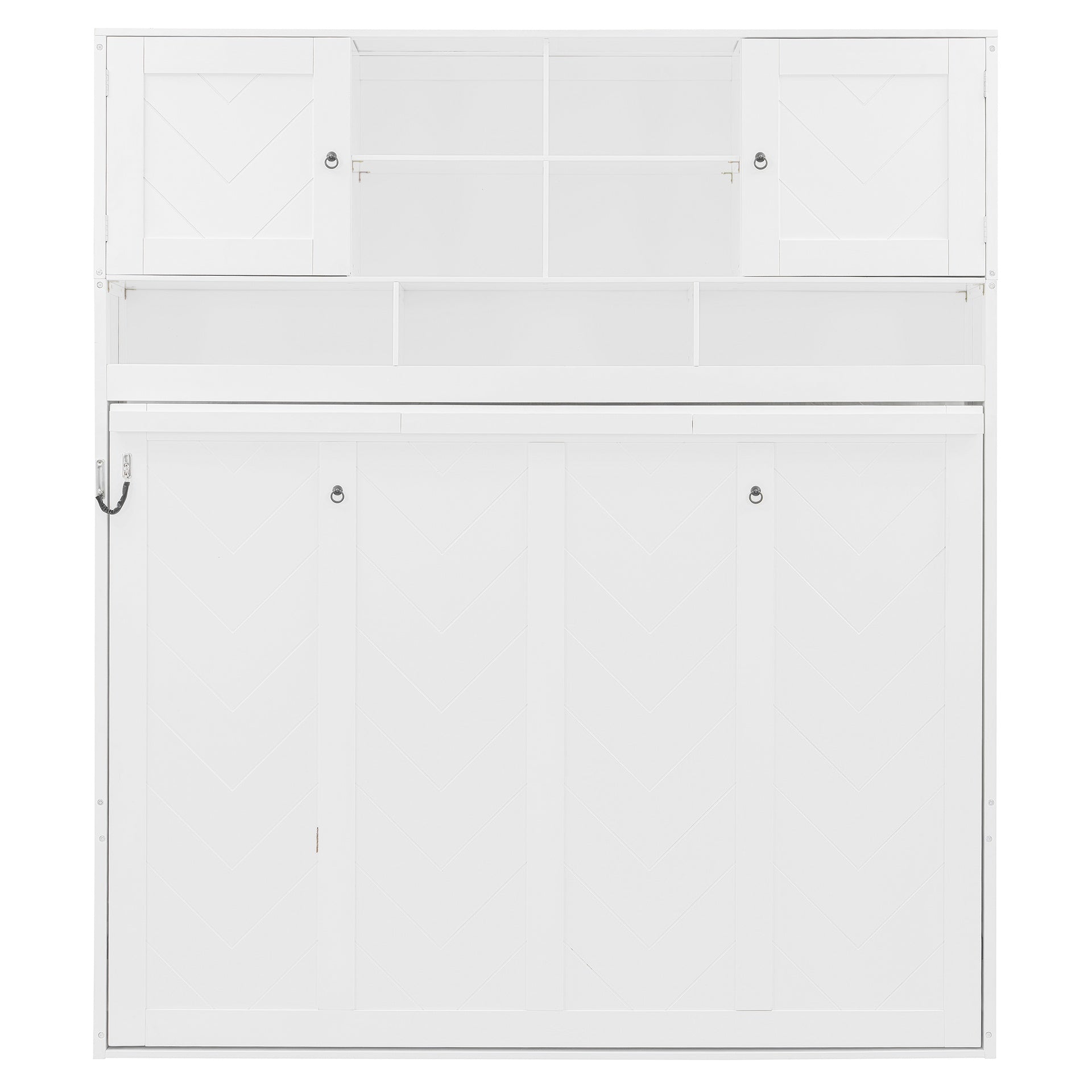 Queen Size Wall Murphy Bed with Ample Storage Space and Chevron Stripes, White