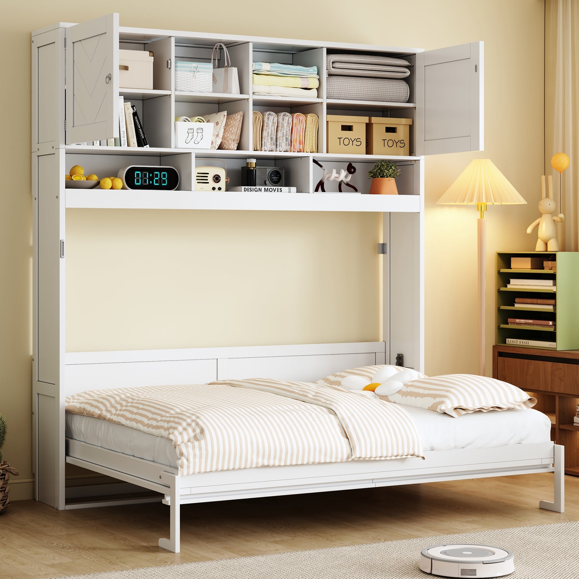 Queen Size Wall Murphy Bed with Ample Storage Space and Chevron Stripes, White
