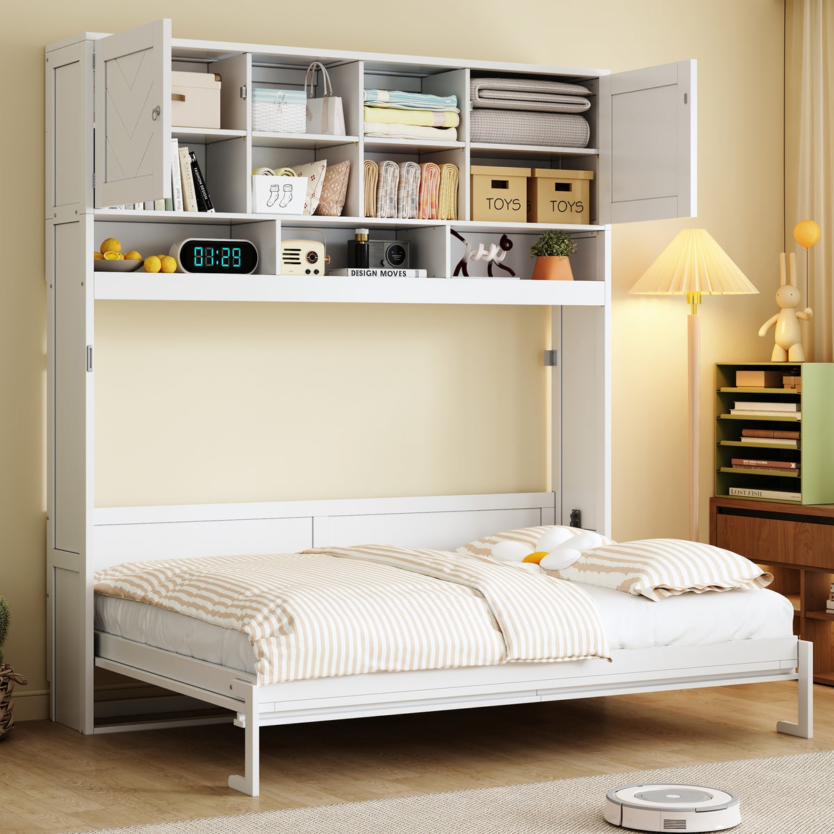 Queen Size Wall Murphy Bed with Ample Storage Space and Chevron Stripes, White