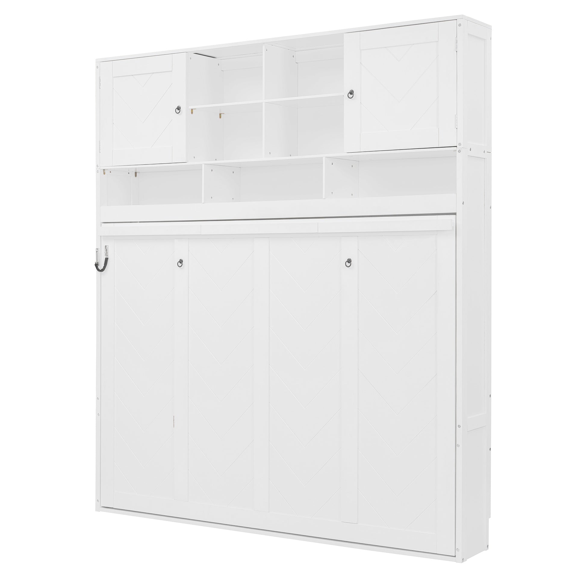Queen Size Wall Murphy Bed with Ample Storage Space and Chevron Stripes, White