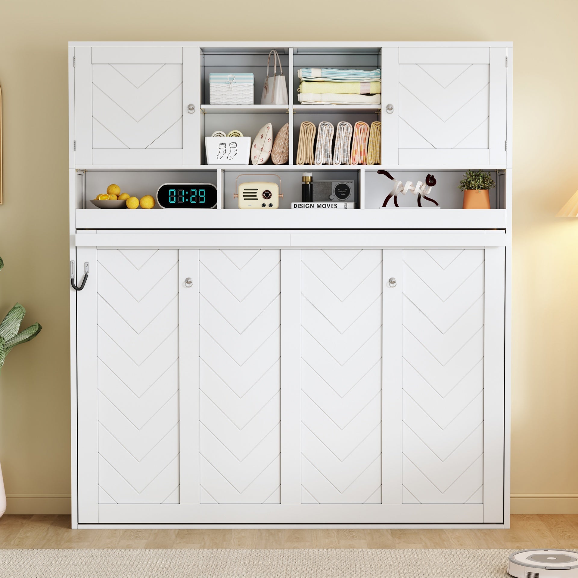 Queen Size Wall Murphy Bed with Ample Storage Space and Chevron Stripes, White