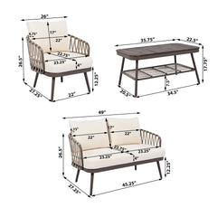 4-Piece Outdoor Patio Furniture Set, Metal  Chairs with Woven Rope U-Shaped Backrest,Outdoor Conversation Set with Thick Cushions and Coffee Table for Garden, Poolside, Balcony, Brown & Beige