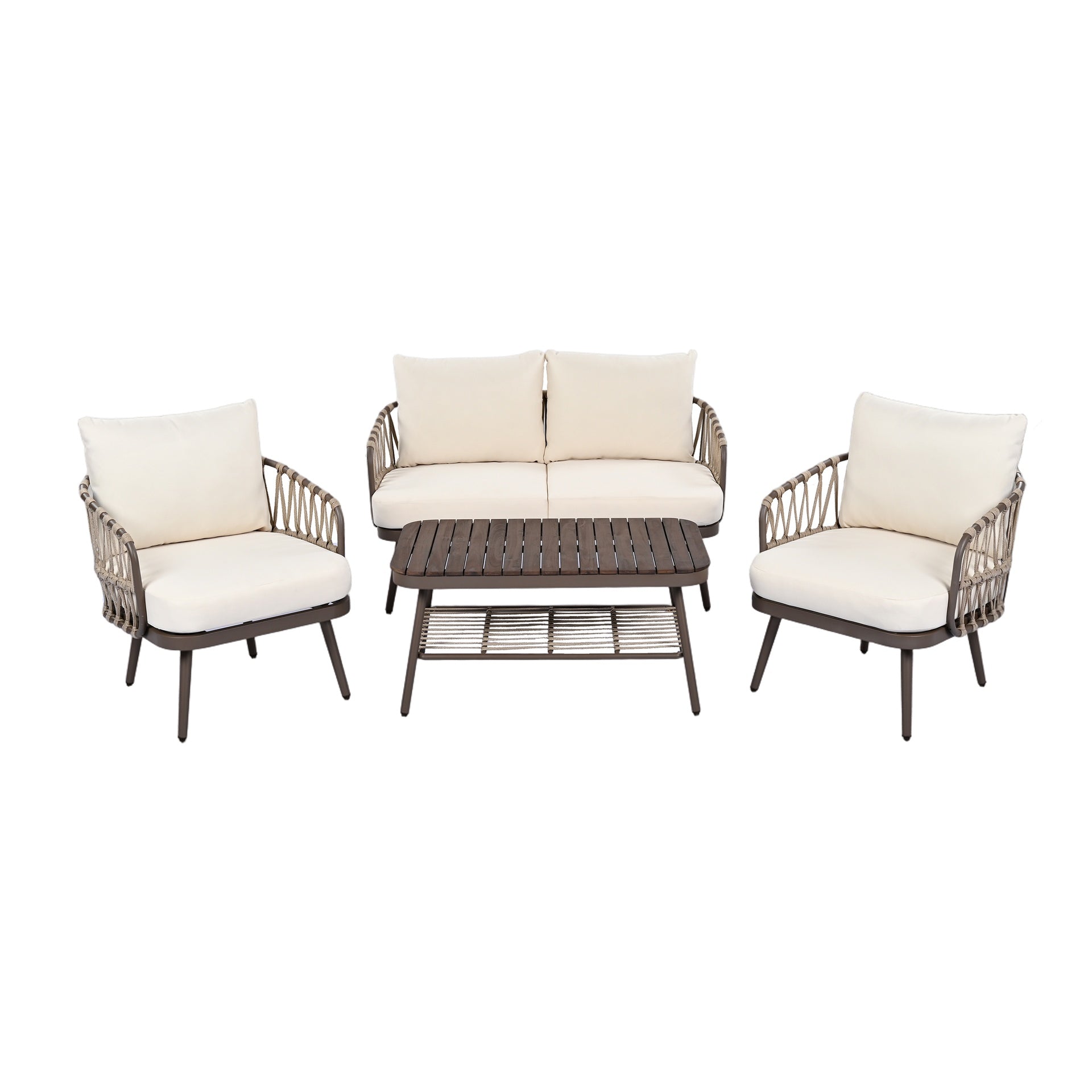 4-Piece Outdoor Patio Furniture Set, Metal  Chairs with Woven Rope U-Shaped Backrest,Outdoor Conversation Set with Thick Cushions and Coffee Table for Garden, Poolside, Balcony, Brown & Beige