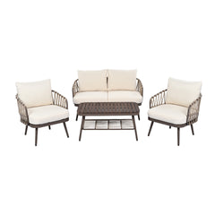4-Piece Outdoor Patio Furniture Set, Metal  Chairs with Woven Rope U-Shaped Backrest,Outdoor Conversation Set with Thick Cushions and Coffee Table for Garden, Poolside, Balcony, Brown & Beige