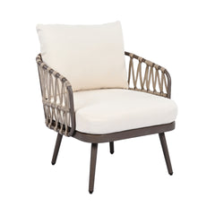 4-Piece Outdoor Patio Furniture Set, Metal  Chairs with Woven Rope U-Shaped Backrest,Outdoor Conversation Set with Thick Cushions and Coffee Table for Garden, Poolside, Balcony, Brown & Beige