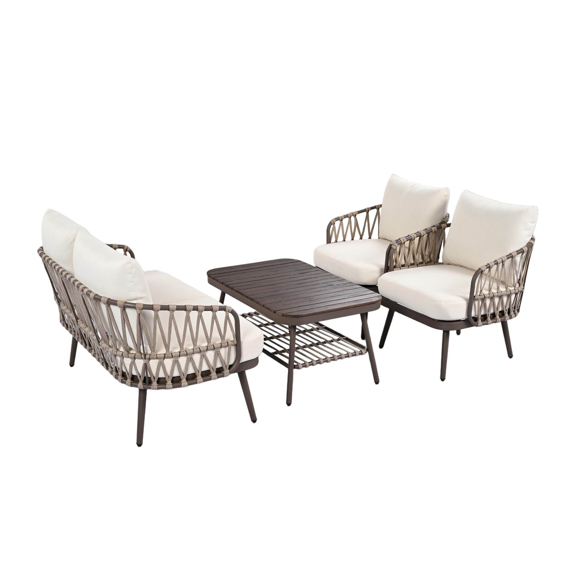 4-Piece Outdoor Patio Furniture Set, Metal  Chairs with Woven Rope U-Shaped Backrest,Outdoor Conversation Set with Thick Cushions and Coffee Table for Garden, Poolside, Balcony, Brown & Beige