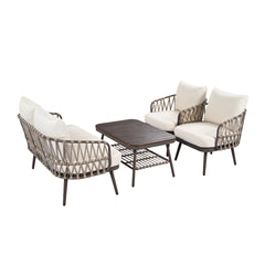 4-Piece Outdoor Patio Furniture Set, Metal  Chairs with Woven Rope U-Shaped Backrest,Outdoor Conversation Set with Thick Cushions and Coffee Table for Garden, Poolside, Balcony, Brown & Beige