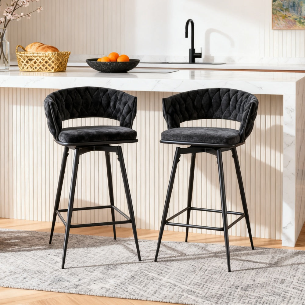 Two sets of rotating high-legged stools with breathable cotton and linen cushions, Dark gray seats paired with black spray-painted iron frames, suitable for both restaurants and bars