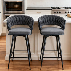 Two sets of rotating high-legged stools with breathable cotton and linen cushions, Dark gray seats paired with black spray-painted iron frames, suitable for both restaurants and bars