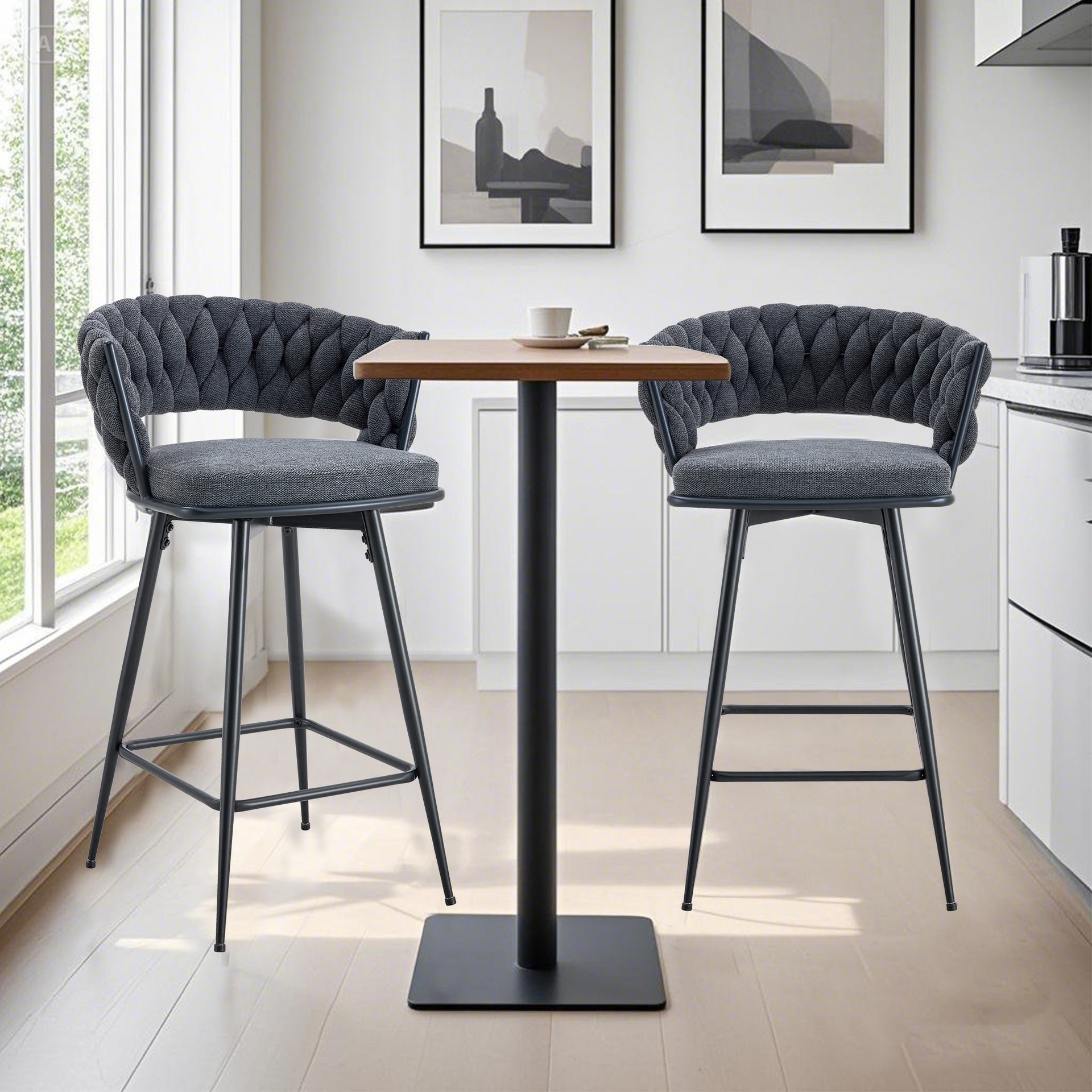 Two sets of rotating high-legged stools with breathable cotton and linen cushions, Dark gray seats paired with black spray-painted iron frames, suitable for both restaurants and bars