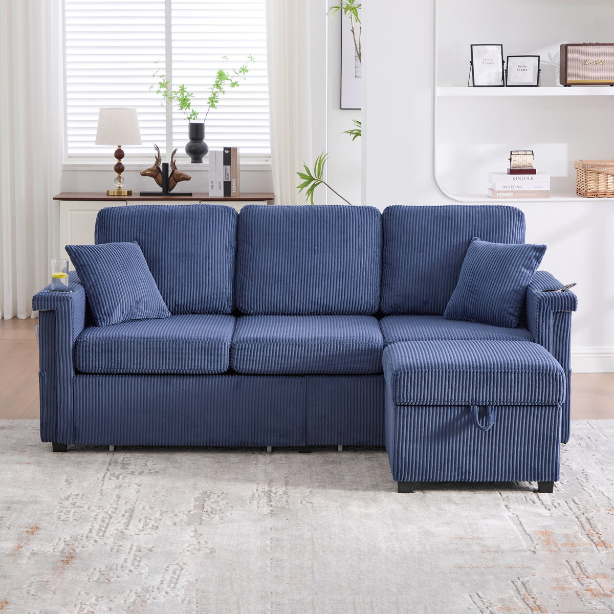 UNITED WE WIN L-Shaped Sectional Sofa with Pull-Out Storage,Ottoman & Pillows 3-Seat with USB Charging,Cup Holder, Convertible Design for Living Room, Apartment, Corduroy Fabric