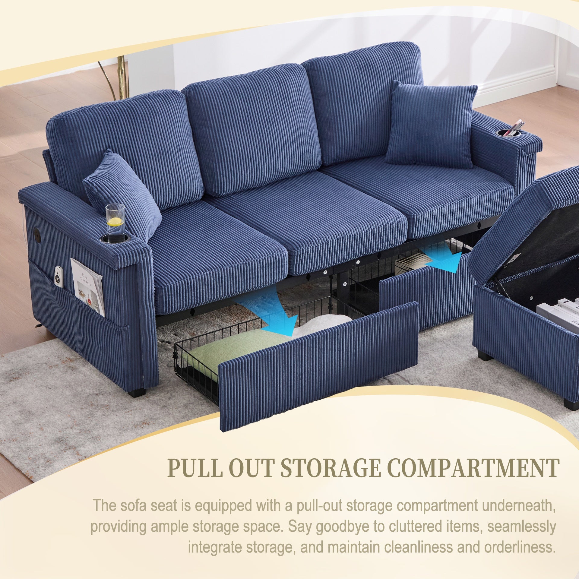 UNITED WE WIN L-Shaped Sectional Sofa with Pull-Out Storage,Ottoman & Pillows 3-Seat with USB Charging,Cup Holder, Convertible Design for Living Room, Apartment, Corduroy Fabric