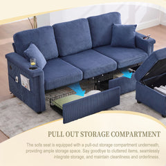 UNITED WE WIN L-Shaped Sectional Sofa with Pull-Out Storage,Ottoman & Pillows 3-Seat with USB Charging,Cup Holder, Convertible Design for Living Room, Apartment, Corduroy Fabric