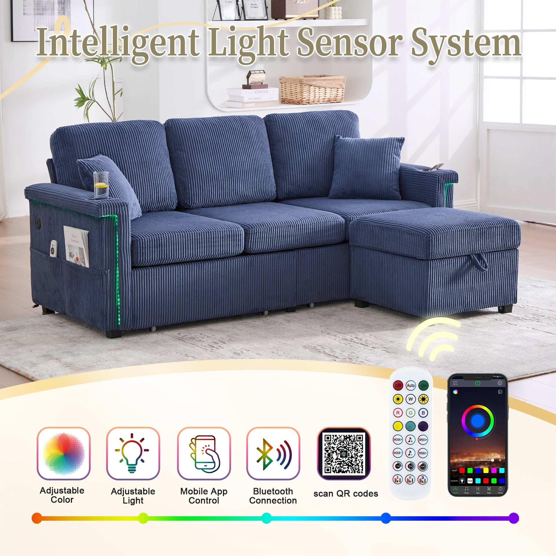 UNITED WE WIN L-Shaped Sectional Sofa with Pull-Out Storage,Ottoman & Pillows 3-Seat with USB Charging,Cup Holder, Convertible Design for Living Room, Apartment, Corduroy Fabric