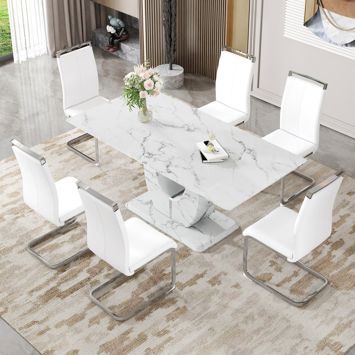 Table and chair set.Modern Simple Marble Pattern Dining Set - 71"x35.4" Table with 6 White PU Chairs.White marble pattern sticker,Tempered glass tabletop,Featuring Arched Silver Metal Chair Legs.
