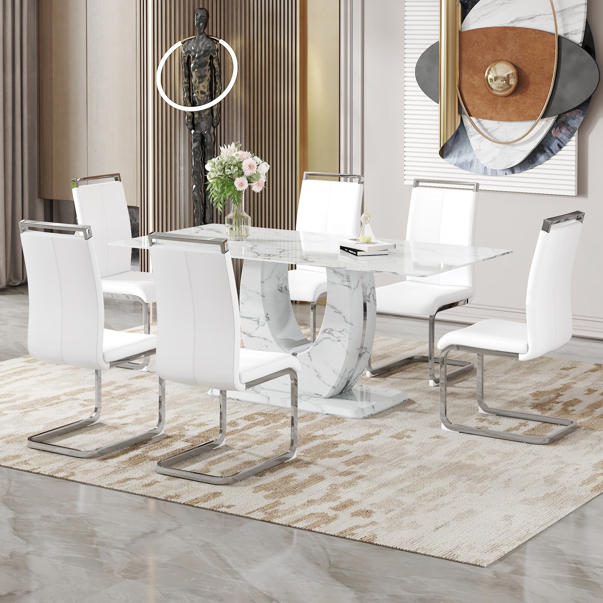 Table and chair set.Modern Simple Marble Pattern Dining Set - 71"x35.4" Table with 6 White PU Chairs.White marble pattern sticker,Tempered glass tabletop,Featuring Arched Silver Metal Chair Legs.
