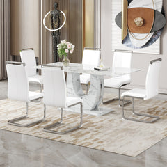 Table and chair set.Modern Simple Marble Pattern Dining Set - 71"x35.4" Table with 6 White PU Chairs.White marble pattern sticker,Tempered glass tabletop,Featuring Arched Silver Metal Chair Legs.