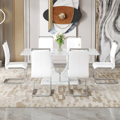 Table and chair set.Modern Simple Marble Pattern Dining Set - 71"x35.4" Table with 6 White PU Chairs.White marble pattern sticker,Tempered glass tabletop,Featuring Arched Silver Metal Chair Legs.