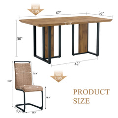 Table and chair set.67"x36" Wood-Textured MDF Dining Table Set with 6 Brown Fabric Chairs.MDF sticker,Wood colored texture sticker,Black C-tube dining chair legs,Suitable for kitchen,Dining room,etc.