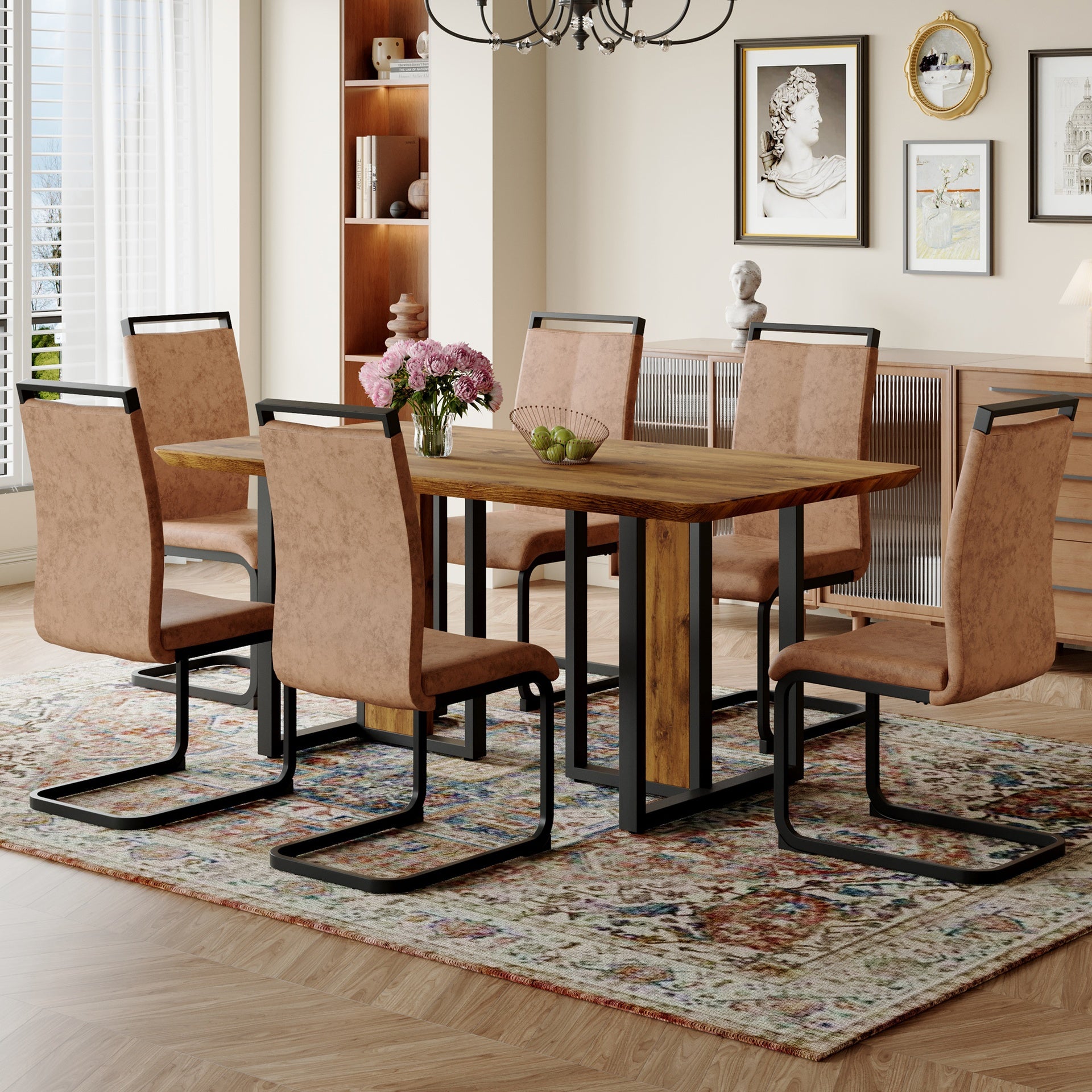 Table and chair set.67"x36" Wood-Textured MDF Dining Table Set with 6 Brown Fabric Chairs.MDF sticker,Wood colored texture sticker,Black C-tube dining chair legs,Suitable for kitchen,Dining room,etc.