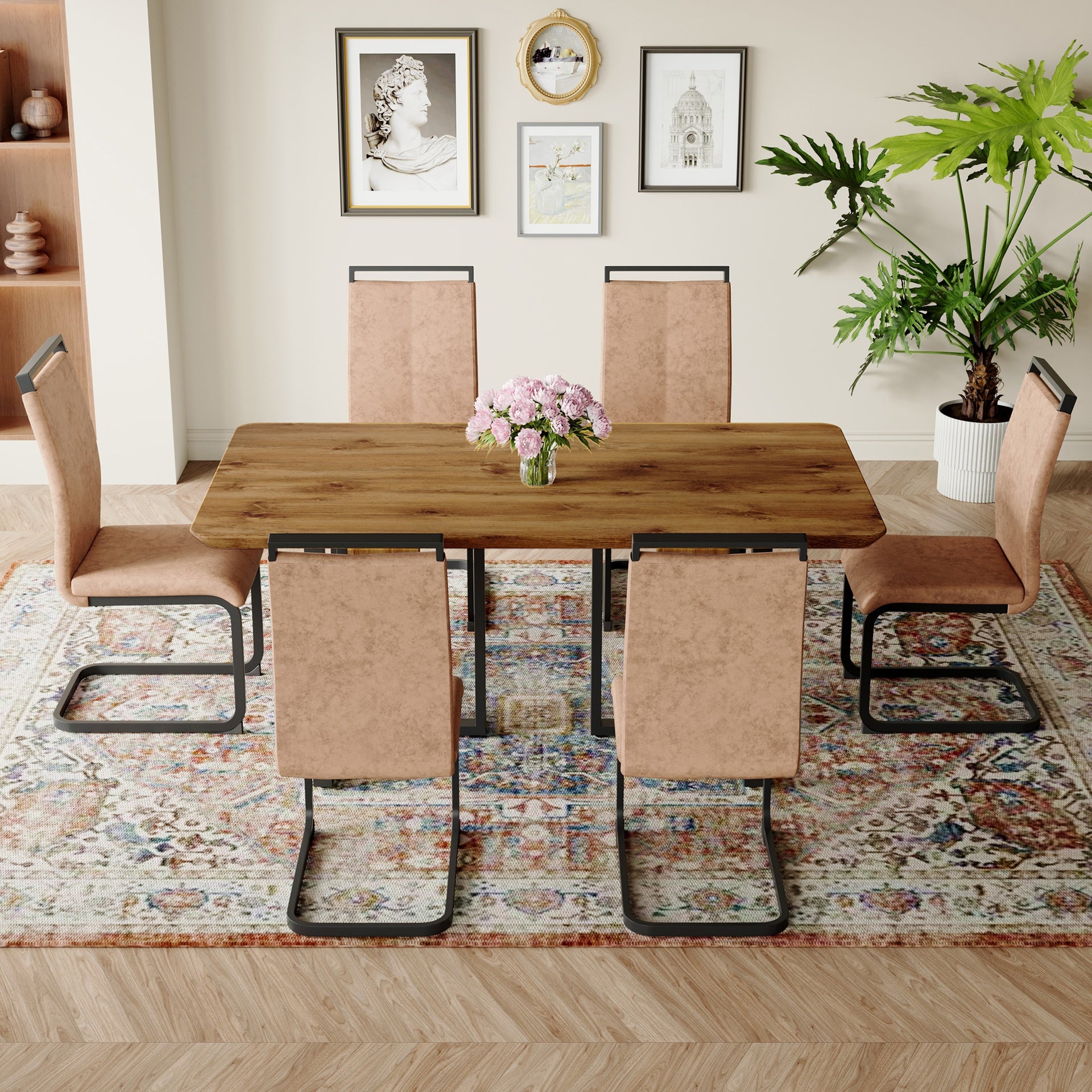 Table and chair set.67"x36" Wood-Textured MDF Dining Table Set with 6 Brown Fabric Chairs.MDF sticker,Wood colored texture sticker,Black C-tube dining chair legs,Suitable for kitchen,Dining room,etc.