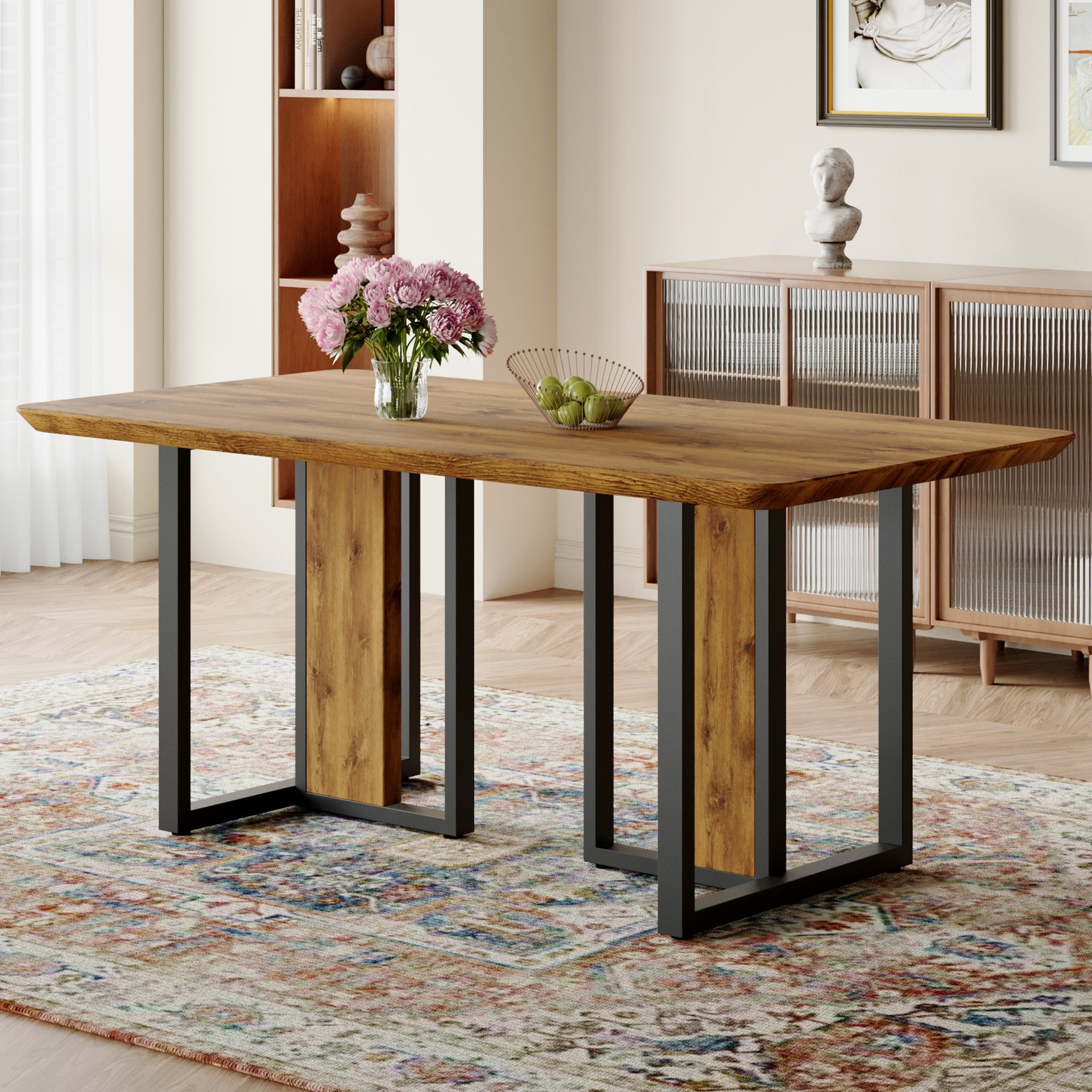Modern minimalism and luxurious wood rectangular patterned dining table. The computer desk. Dining tables are used in the dining room, living room.67 *36 *30 Density Board Sticker,Iron Pipe Spraying,