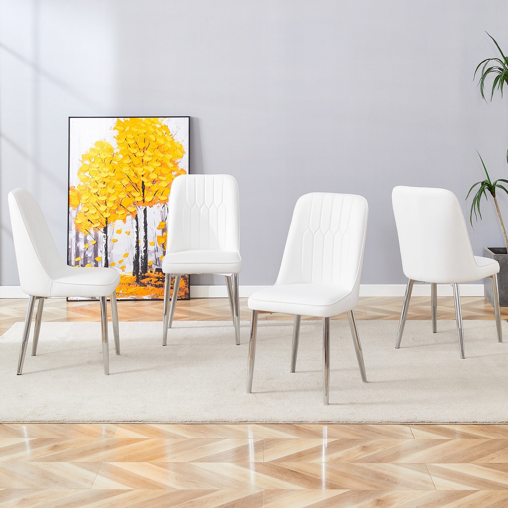4 modern dining chairs, sleek PU leather backrest, and silver metal legs bring a comfortable home experience to the kitchen, bedroom, and office.W1151P183318