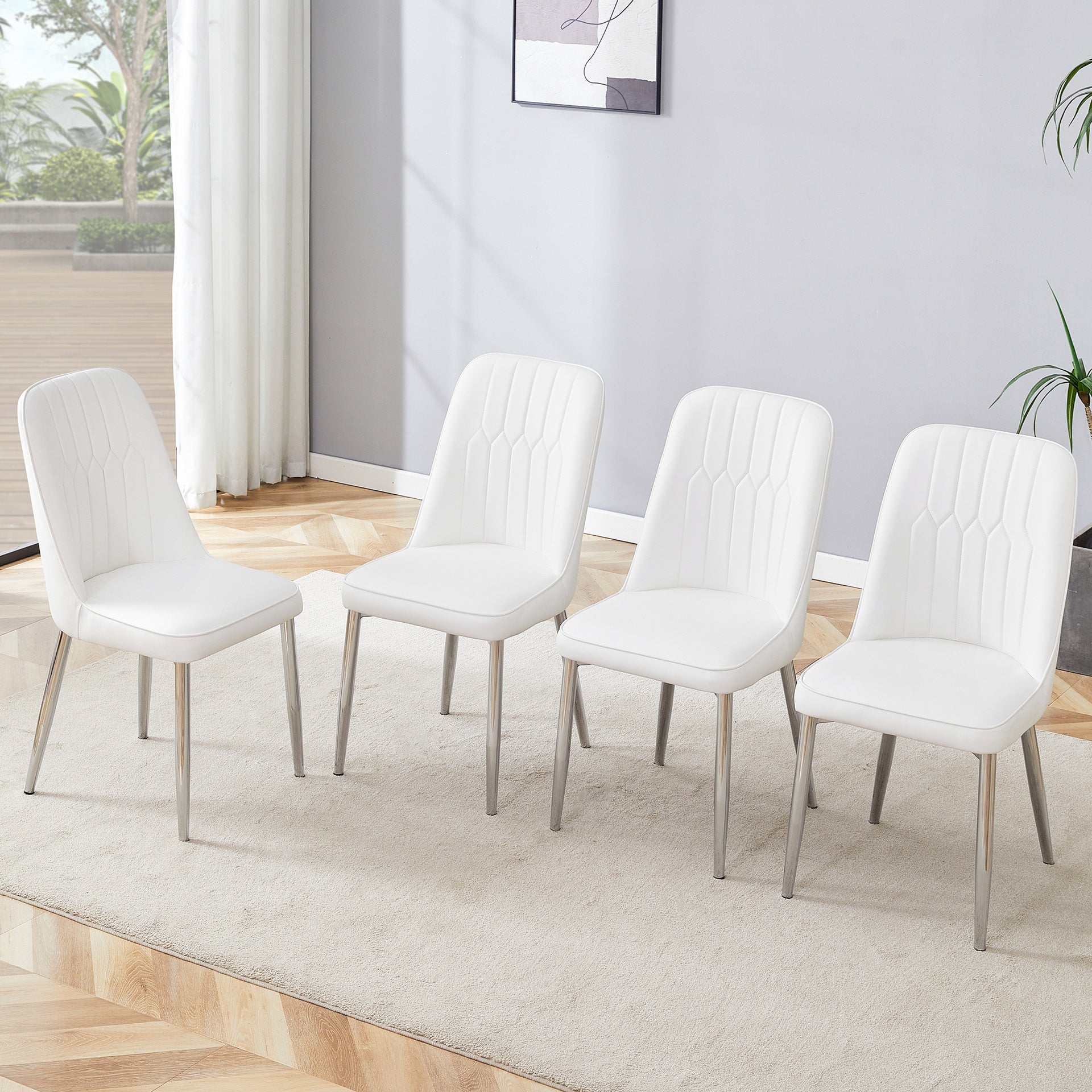 4 modern dining chairs, sleek PU leather backrest, and silver metal legs bring a comfortable home experience to the kitchen, bedroom, and office.W1151P183318