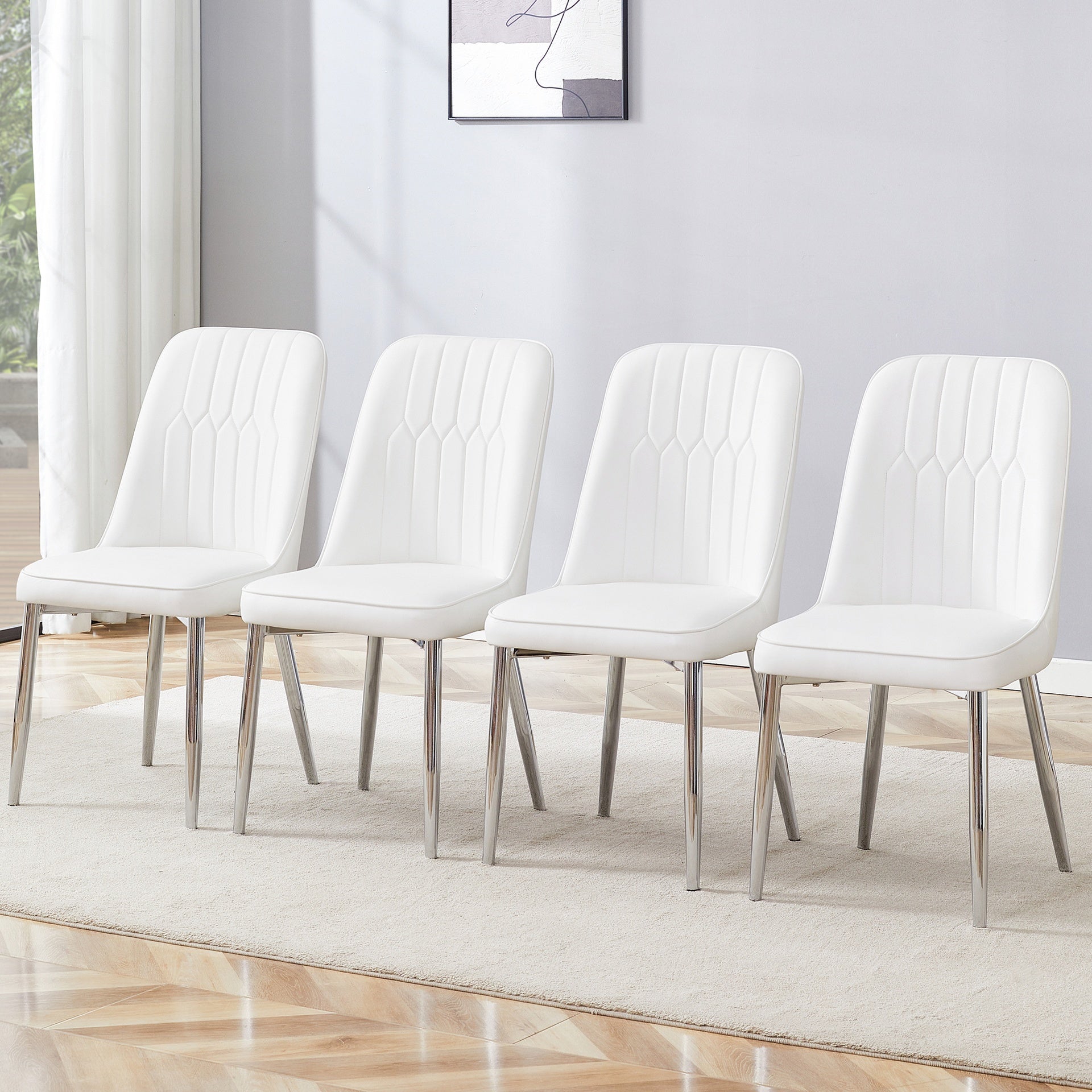 4 modern dining chairs, sleek PU leather backrest, and silver metal legs bring a comfortable home experience to the kitchen, bedroom, and office.W1151P183318