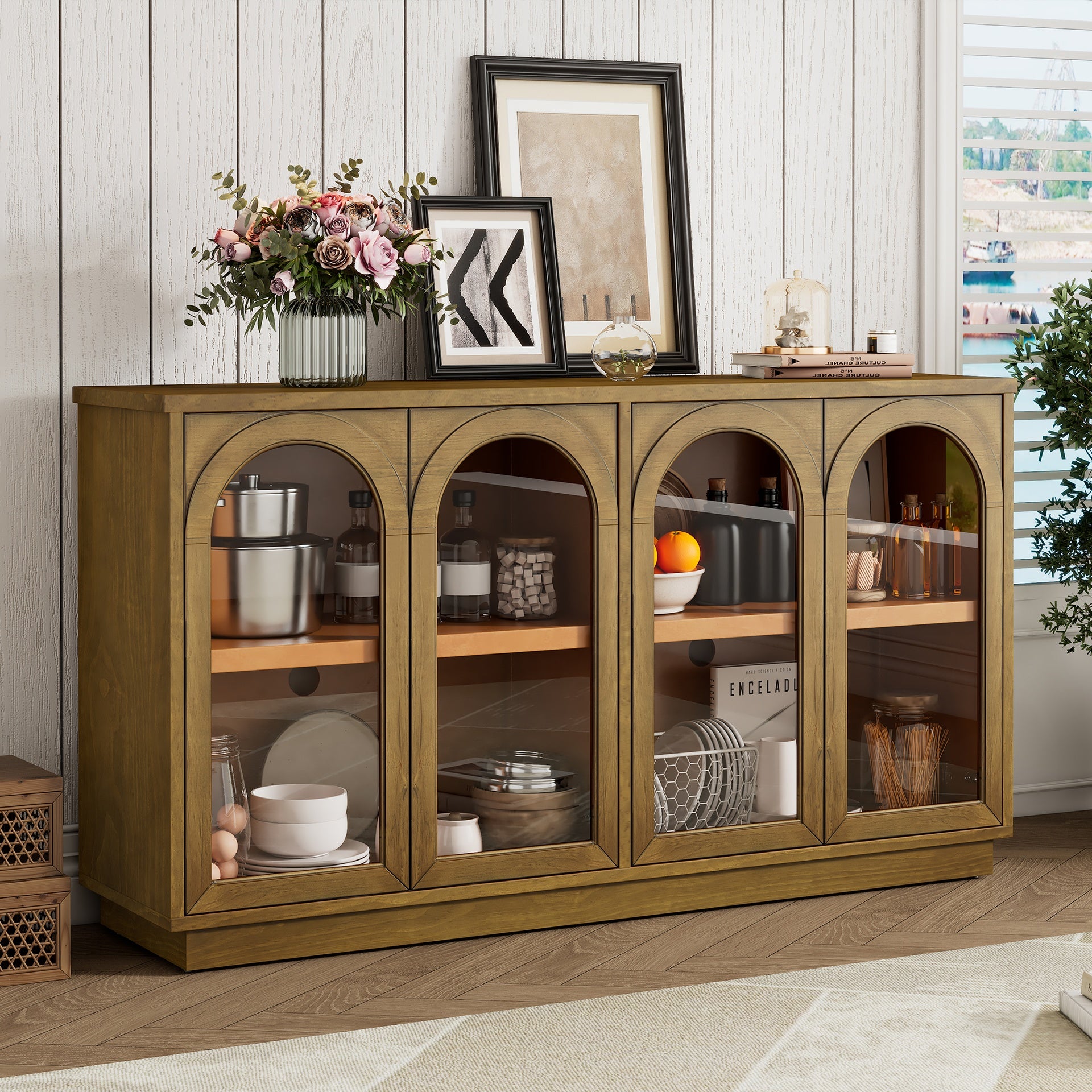 TREXM 4-Door Large Storage Buffet Cabinet with Glass Doors, Arched Cabinet with Adjustable Shelves for Kitchen, Dining Room and Living Room (Old Pine)