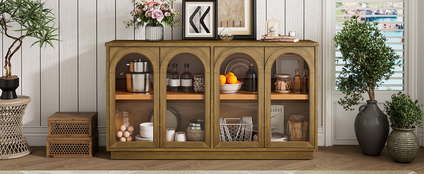 TREXM 4-Door Large Storage Buffet Cabinet with Glass Doors, Arched Cabinet with Adjustable Shelves for Kitchen, Dining Room and Living Room (Old Pine)