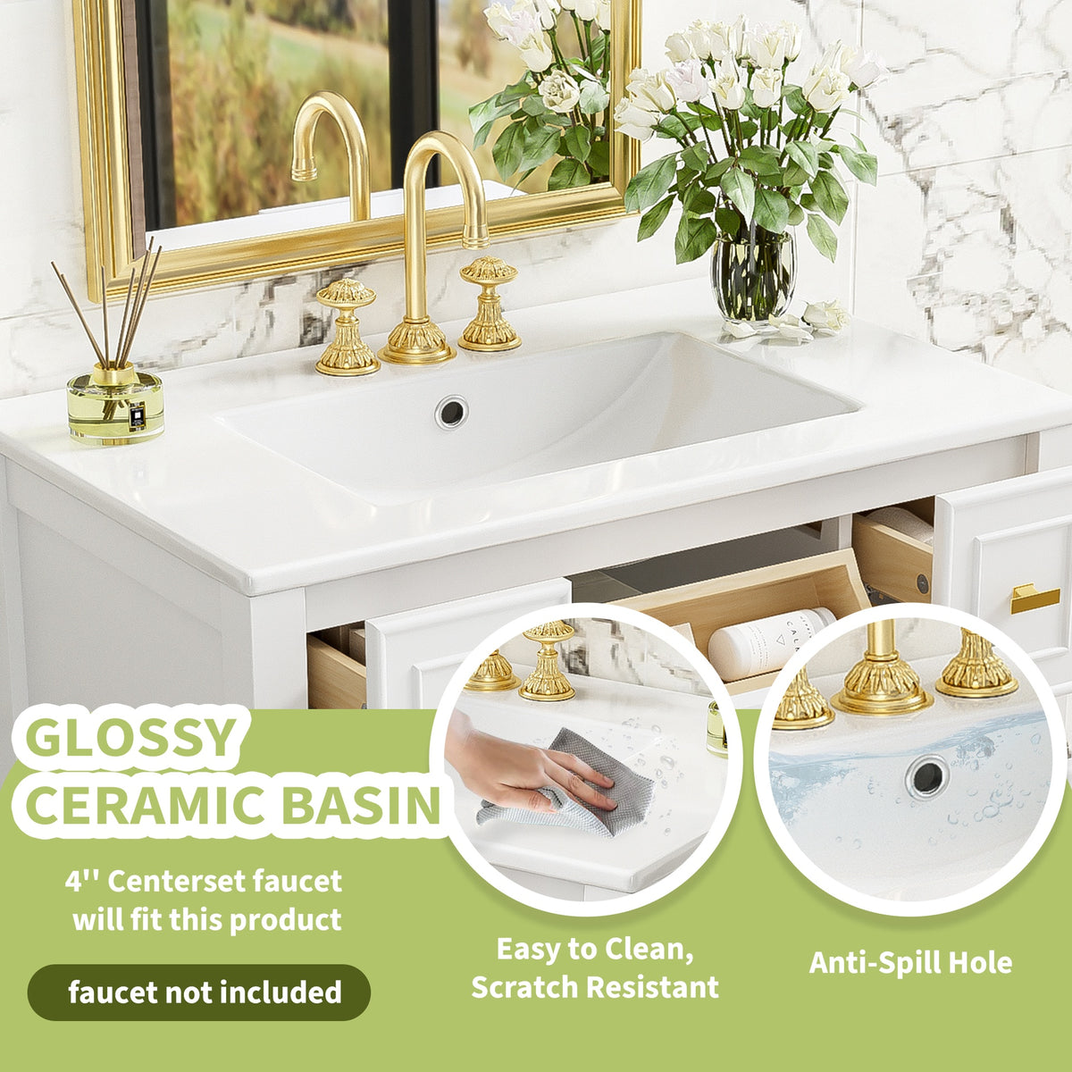 30'' Bathroom Vanity with Ceramic Sink Combo, Free Standing Single Vanity Set with 5 Drawers, Solid Wood Frame Bathroom Storage Cabinet, White