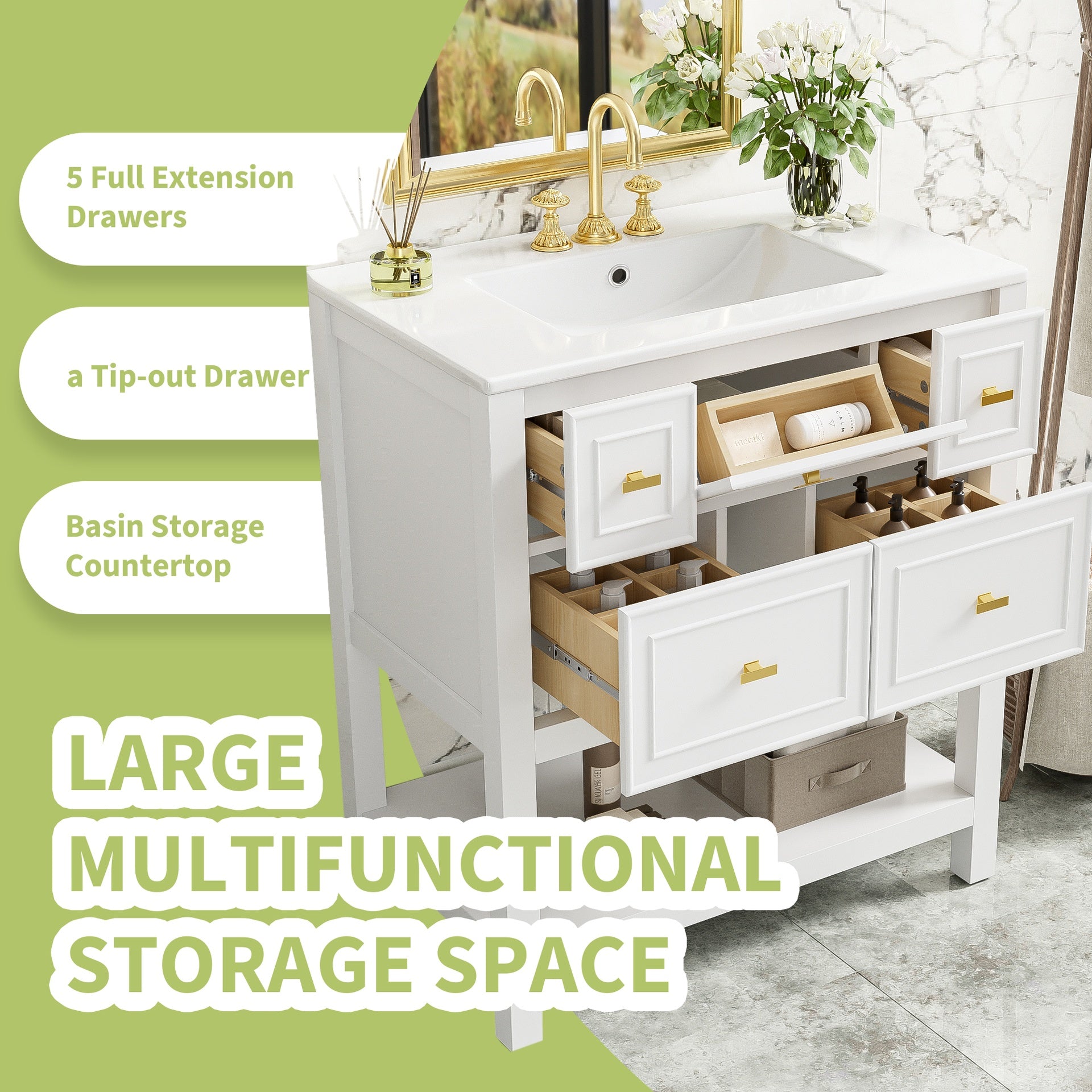 30'' Bathroom Vanity with Ceramic Sink Combo, Free Standing Single Vanity Set with 5 Drawers, Solid Wood Frame Bathroom Storage Cabinet, White