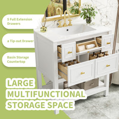 30'' Bathroom Vanity with Ceramic Sink Combo, Free Standing Single Vanity Set with 5 Drawers, Solid Wood Frame Bathroom Storage Cabinet, White