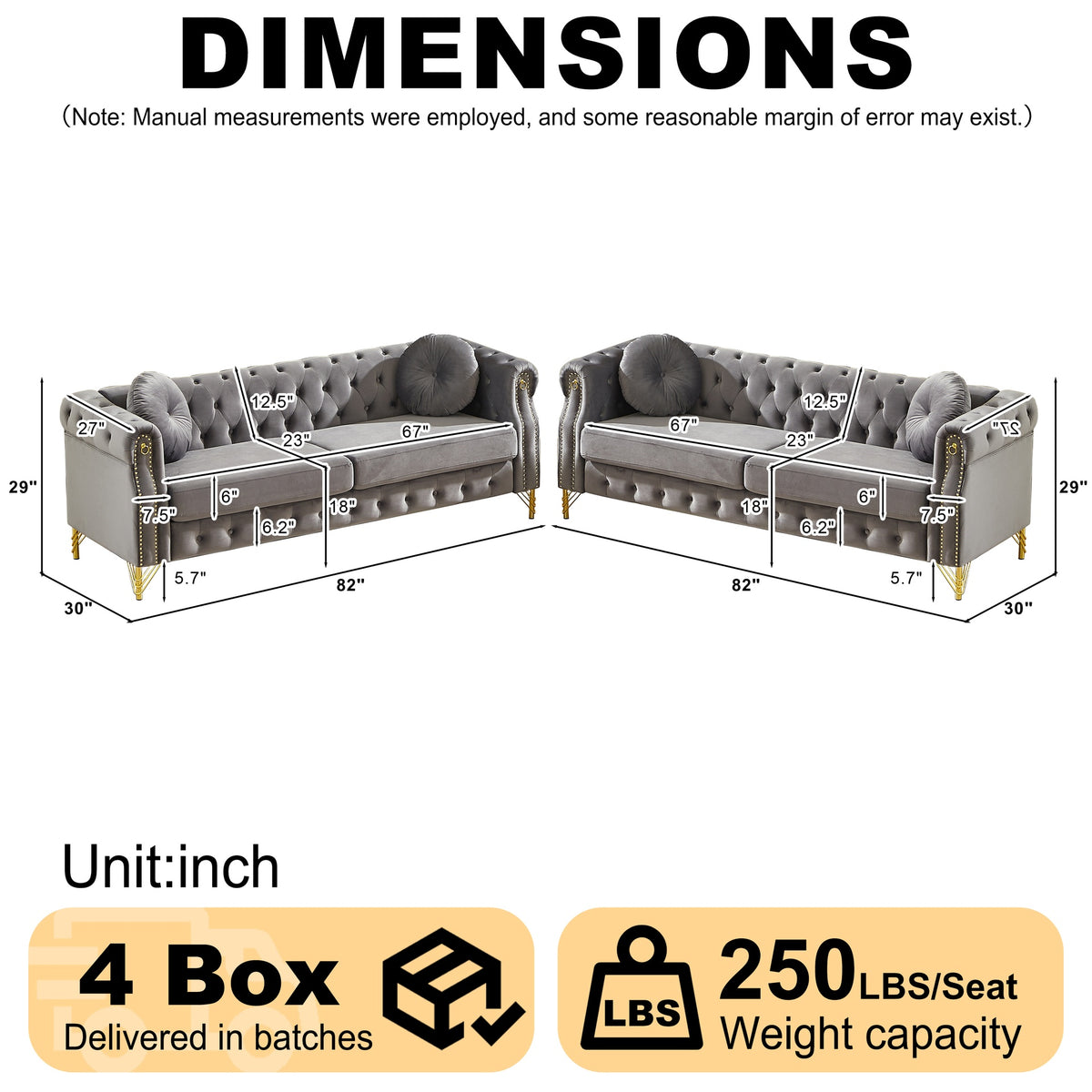 Velvet Chesterfield sofa with two round pillows, featuring copper stud detailing and tufted button accents, with metal legs. Loop design allows for hanging cartoon ornaments.