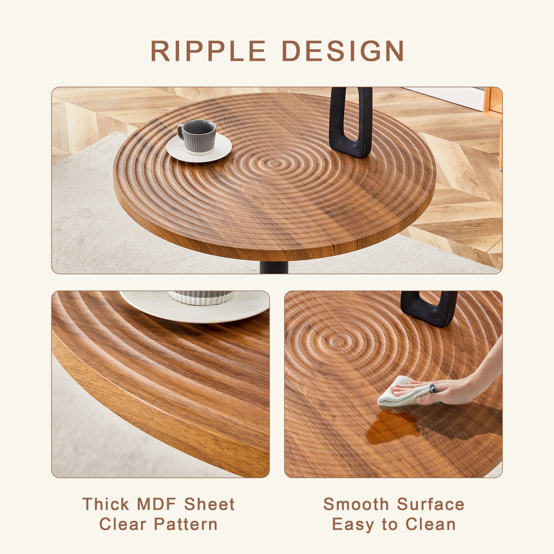 Table and chair set.31.5 Inch Dark Wood Grain Round Dining Table - Suction Molding Annular Texture.Paired with 2 Black PU chairs with a vertical stripe design on the backrest and black metal legs.