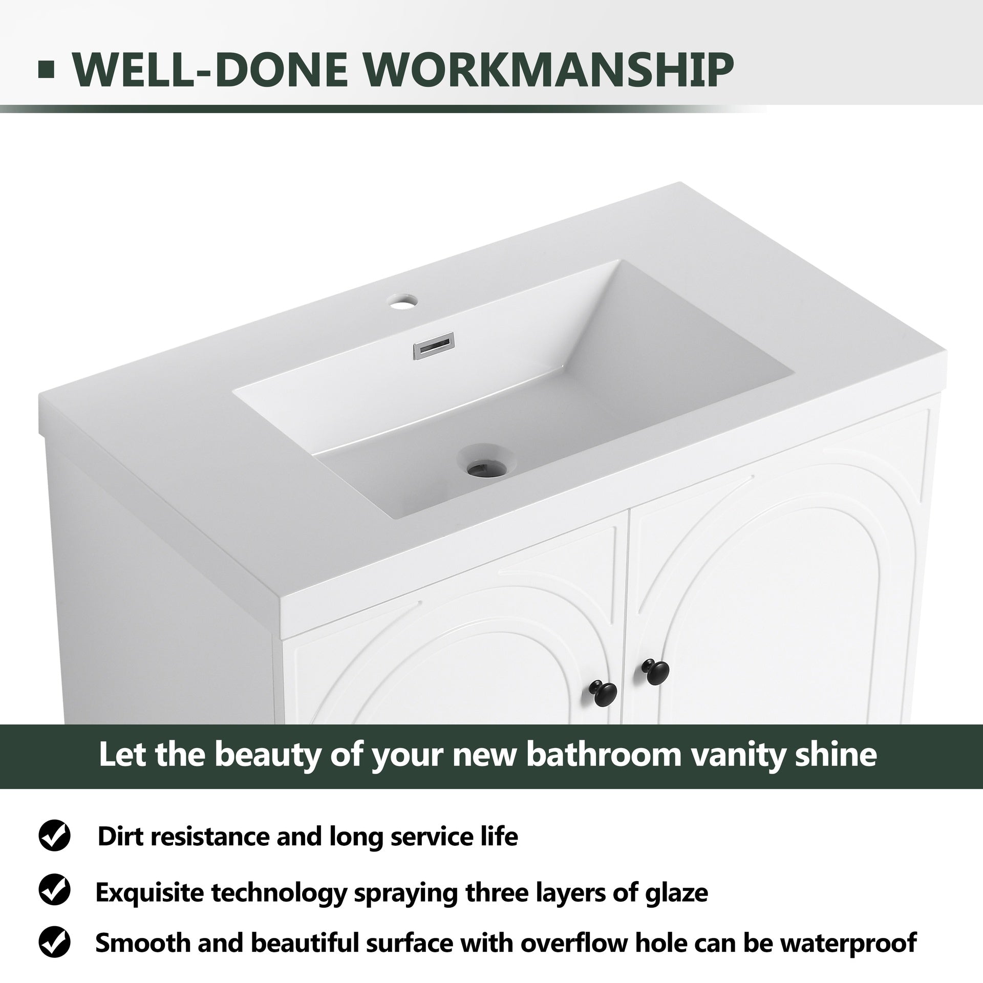 36" Freestanding Bathroom Vanity White Resin Sink & 2 Soft-Close Cabinet Doors (KD-Packing)