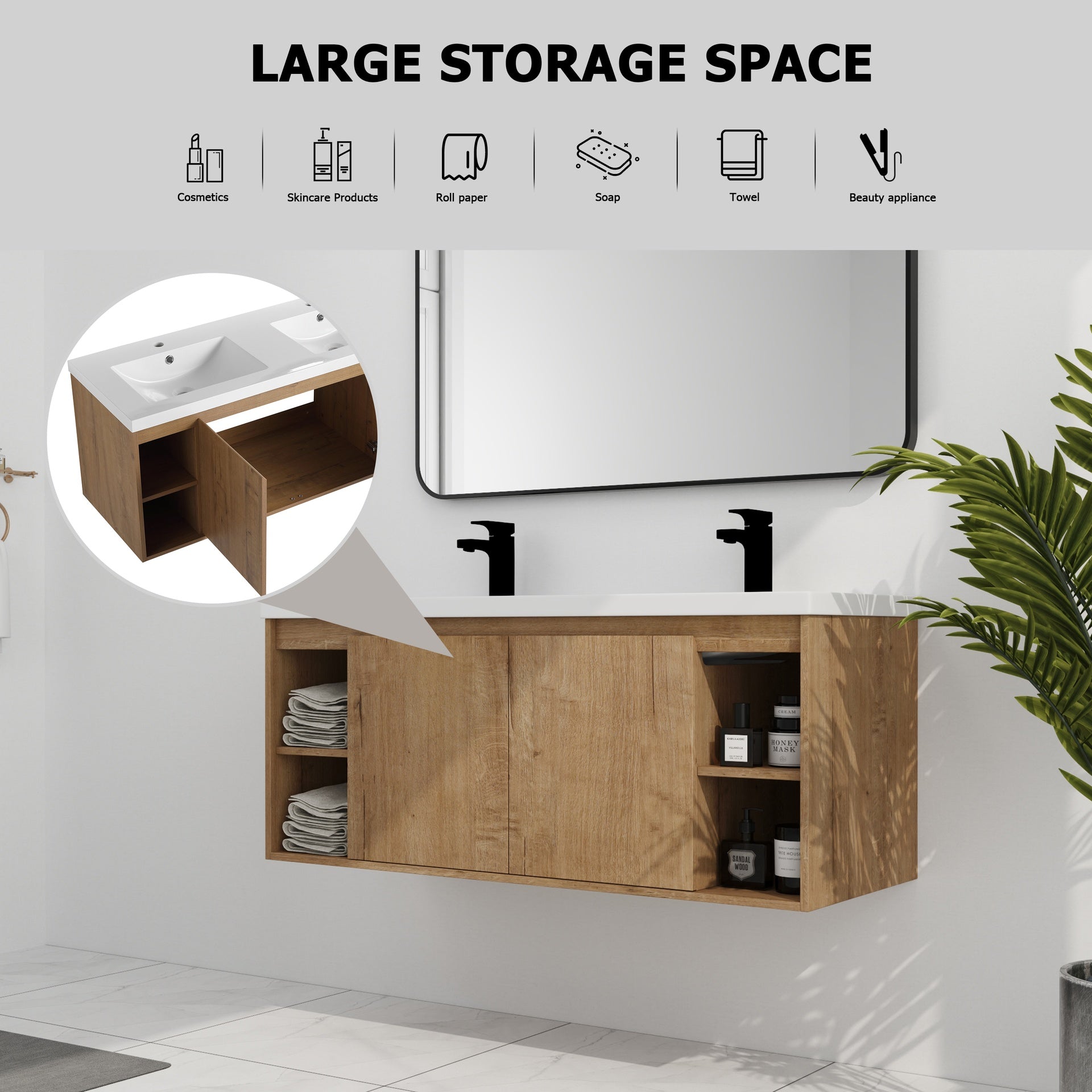 48"  Wall Mounted Bathroom Vanity With Double Sink, Soft Closing Door Hinge (KD-Package)-BVB07348IMOX-GRB4840D