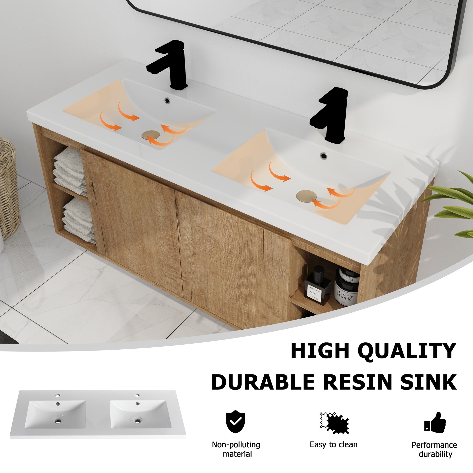 48"  Wall Mounted Bathroom Vanity With Double Sink, Soft Closing Door Hinge (KD-Package)-BVB07348IMOX-GRB4840D
