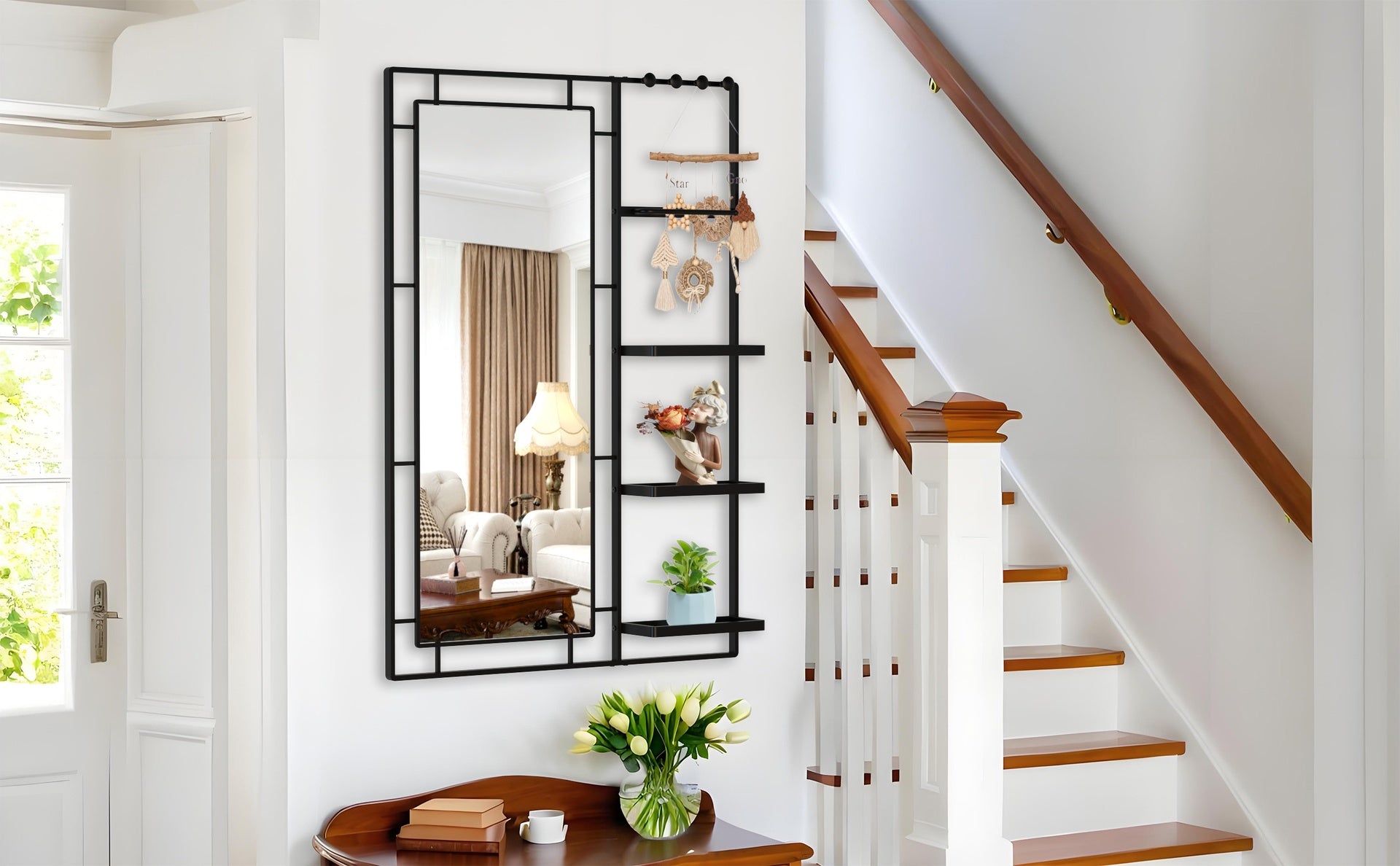 30X44 Ines Modern Vanity Mirror with Multi-functional Shelf, Large bathroom Mirror, Black Frame Decoration Mirror, Suitable for Bathroom, Living Room, Bedroom
