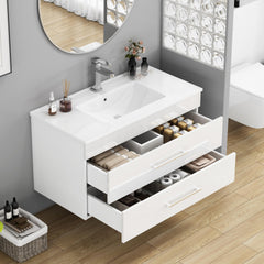 36-Inch White Gloss Wall-Mounted Bathroom Vanity with Double Drawers, Soft-Close System,Ceramic Sink,Long Metal Handle ,Easy Installation,Glossy White