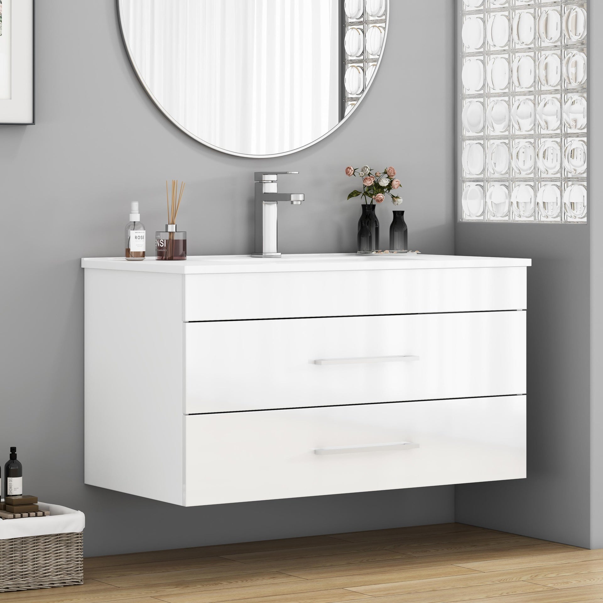 36-Inch White Gloss Wall-Mounted Bathroom Vanity with Double Drawers, Soft-Close System,Ceramic Sink,Long Metal Handle ,Easy Installation,Glossy White