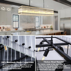 Modern Rectangular Crystal Glass Chandelier, 10-Lights Black Chandelier Lighting Contemporary Pendant Ceiling Light Fixture for Dining Room Living Room Kitchen Island