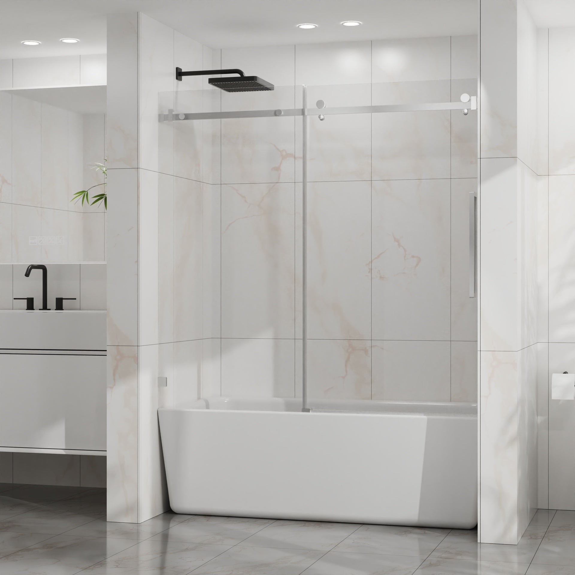 Goodyo Frameless Bathtub Door, 60" W x 58" H Sleek Silent Sliding Glass Door, 1/4" (6mm) Thick Tempered Clear Glass with Easy-clean Coating, Heavy-Duty 304 Stainless Steel, Chrome