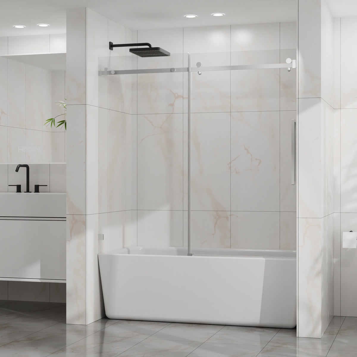 Goodyo Frameless Bathtub Door, 60" W x 58" H Sleek Silent Sliding Glass Door, 1/4" (6mm) Thick Tempered Clear Glass with Easy-clean Coating, Heavy-Duty 304 Stainless Steel, Chrome