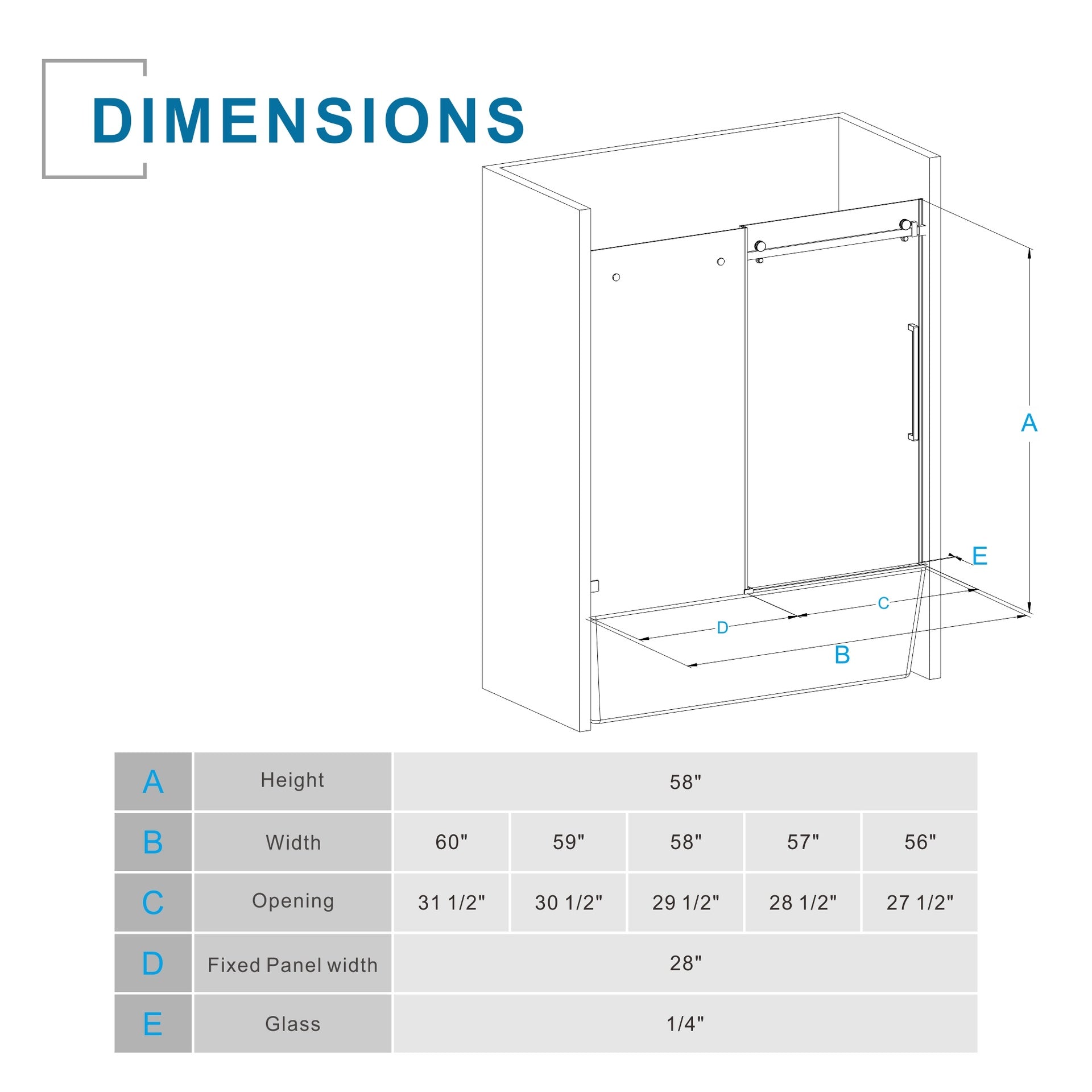 Goodyo Frameless Bathtub Door, 60" W x 58" H Sleek Silent Sliding Glass Door, 1/4" (6mm) Thick Tempered Clear Glass with Easy-clean Coating, Heavy-Duty 304 Stainless Steel, Chrome