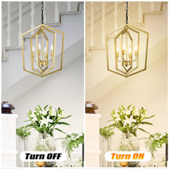 4-Light  Farmhouse Kitchen Chandeliers,  Vintage  Cage Light Fixture Adjustable Height  Chandeliers for Dining Room Hallway Foyer Entryway(E12 Bulbs Not Included)--GOLD+MATTE BLACK