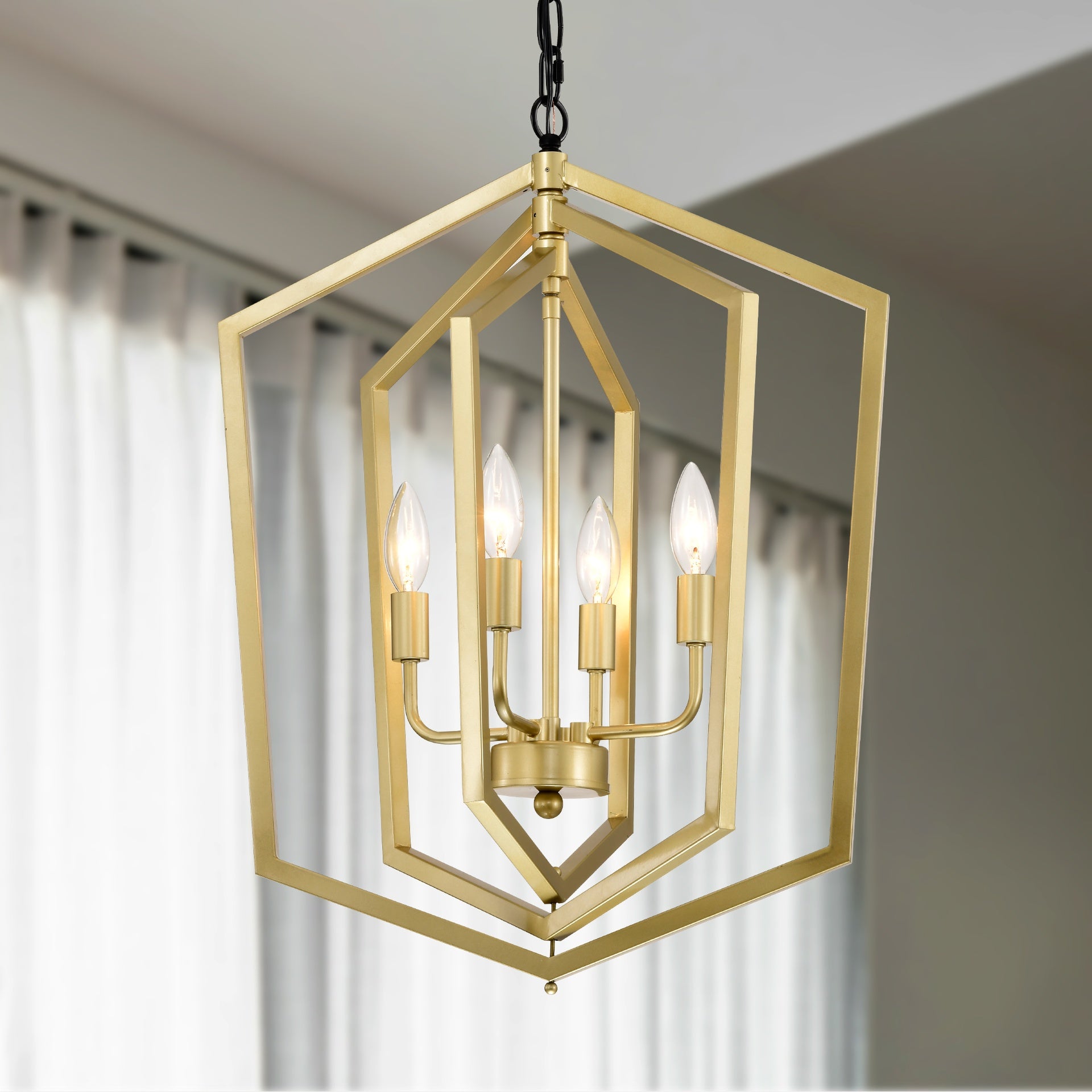 4-Light  Farmhouse Kitchen Chandeliers,  Vintage  Cage Light Fixture Adjustable Height  Chandeliers for Dining Room Hallway Foyer Entryway(E12 Bulbs Not Included)--GOLD+MATTE BLACK